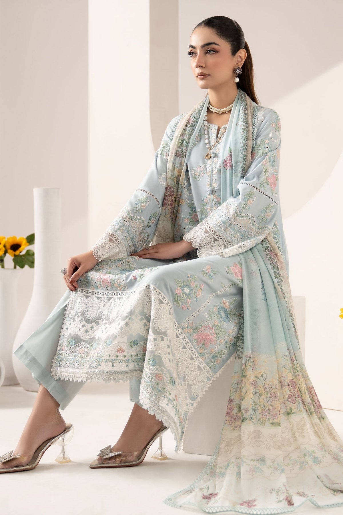 Maria B | RTW | 3 Piece Embroidered Paper Silk Suit-Brand:Maria B-Type:Luxury Pret-Blue - House of Maryam- Buy in UK, USA