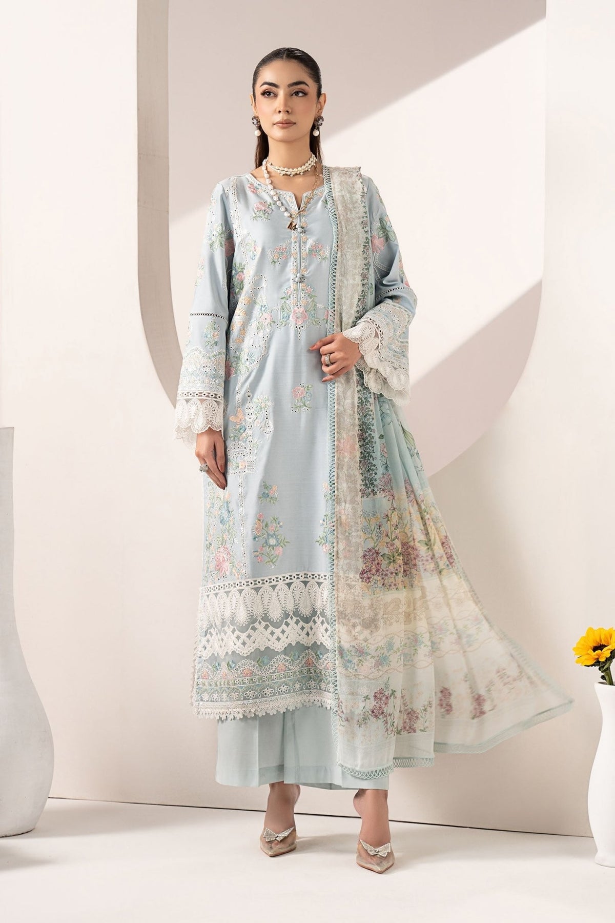 Maria B | RTW | 3 Piece Embroidered Paper Silk Suit-Brand:Maria B-Type:Luxury Pret-Blue - House of Maryam- Buy in UK, USA