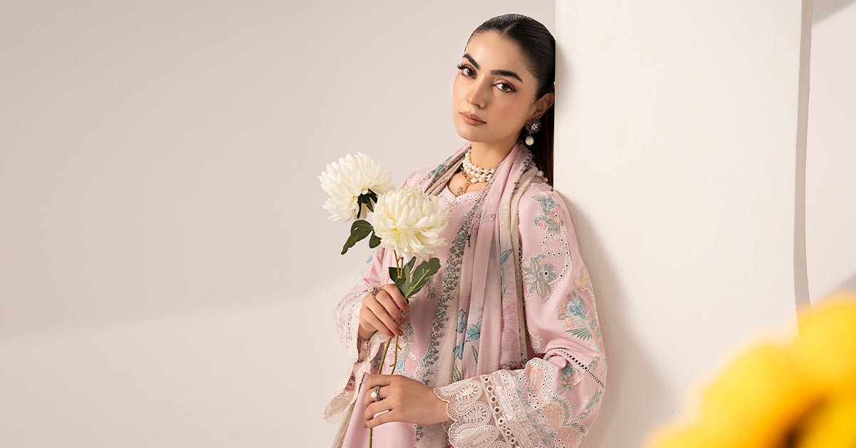 Maria B | RTW | 3 Piece Embroidered Paper Silk Suit-Brand:Maria B-Type:Luxury Pret-Pink - House of Maryam- Buy in UK, USA
