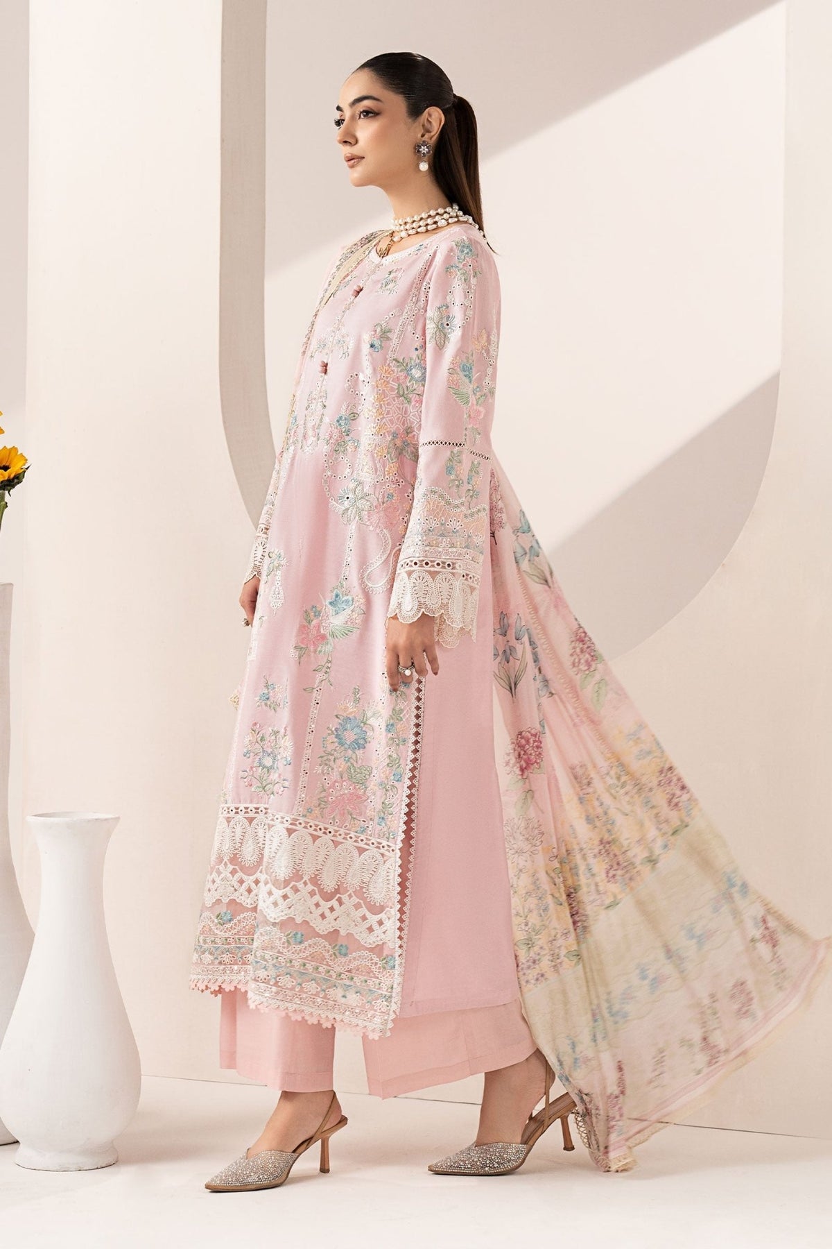 Maria B | RTW | 3 Piece Embroidered Paper Silk Suit-Brand:Maria B-Type:Luxury Pret-Pink - House of Maryam- Buy in UK, USA