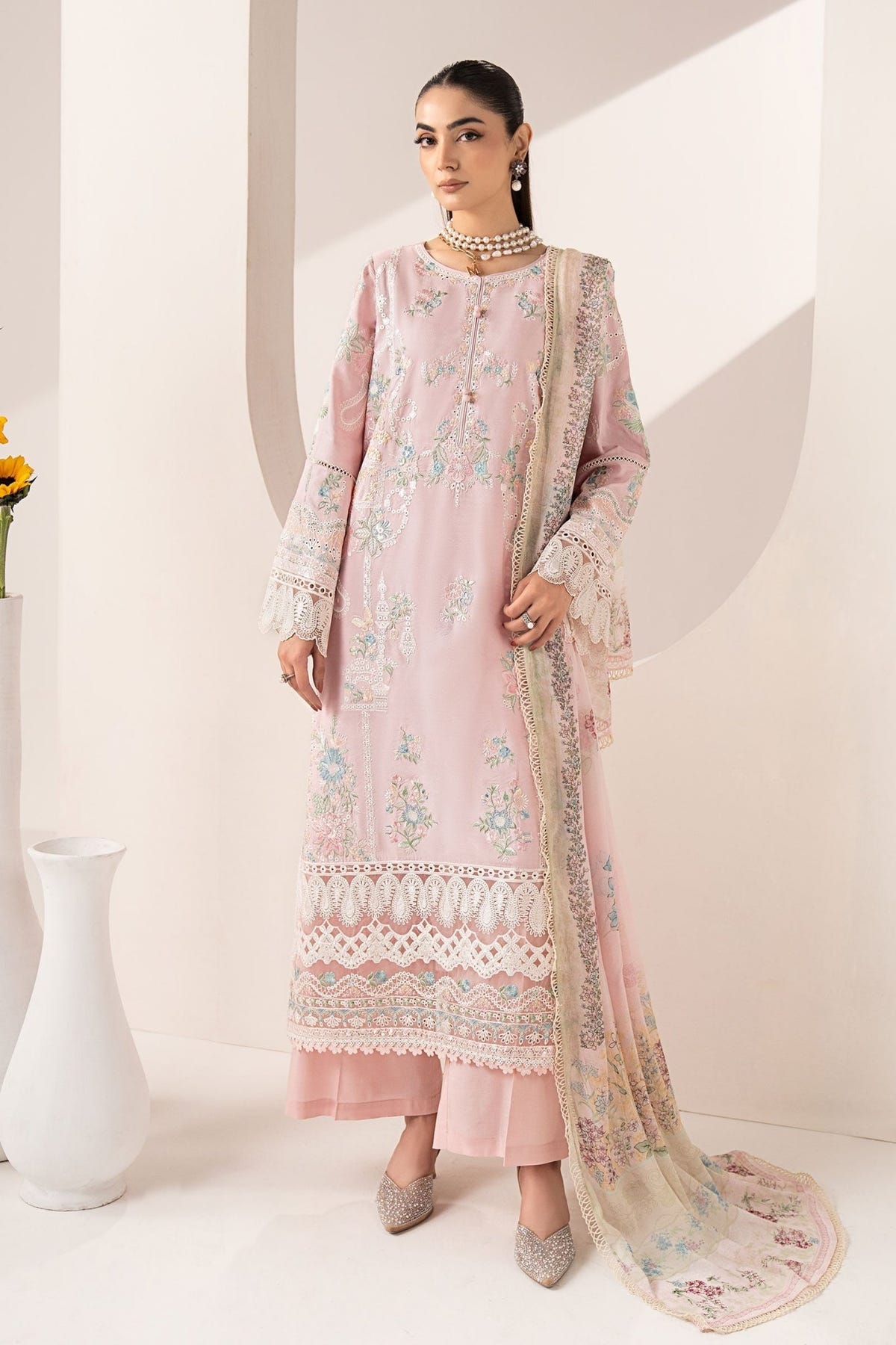 Maria B | RTW | 3 Piece Embroidered Paper Silk Suit-Brand:Maria B-Type:Luxury Pret-Pink - House of Maryam- Buy in UK, USA