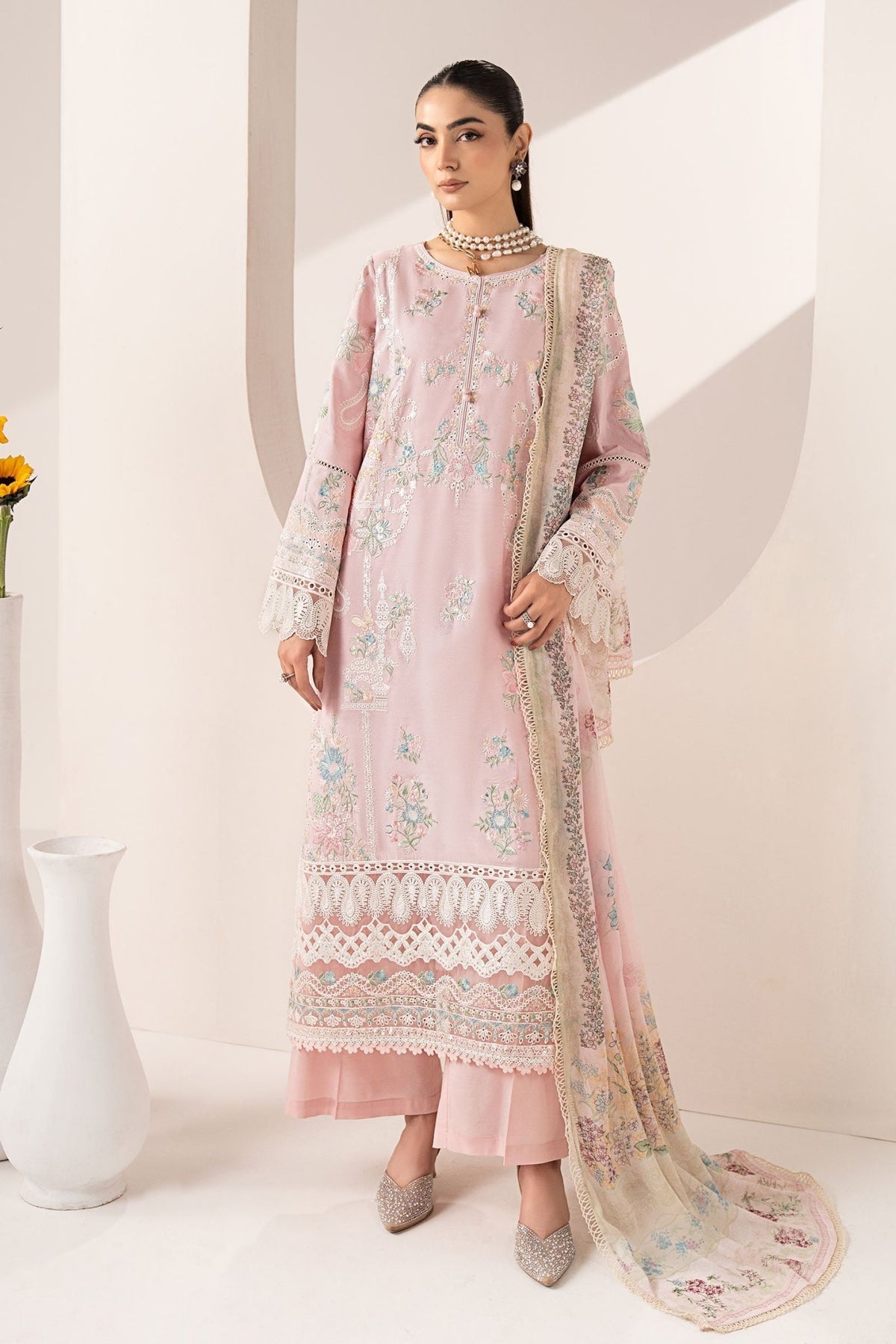 Maria B | RTW | 3 Piece Embroidered Paper Silk Suit-Brand:Maria B-Type:Luxury Pret-Pink - House of Maryam- Buy in UK, USA