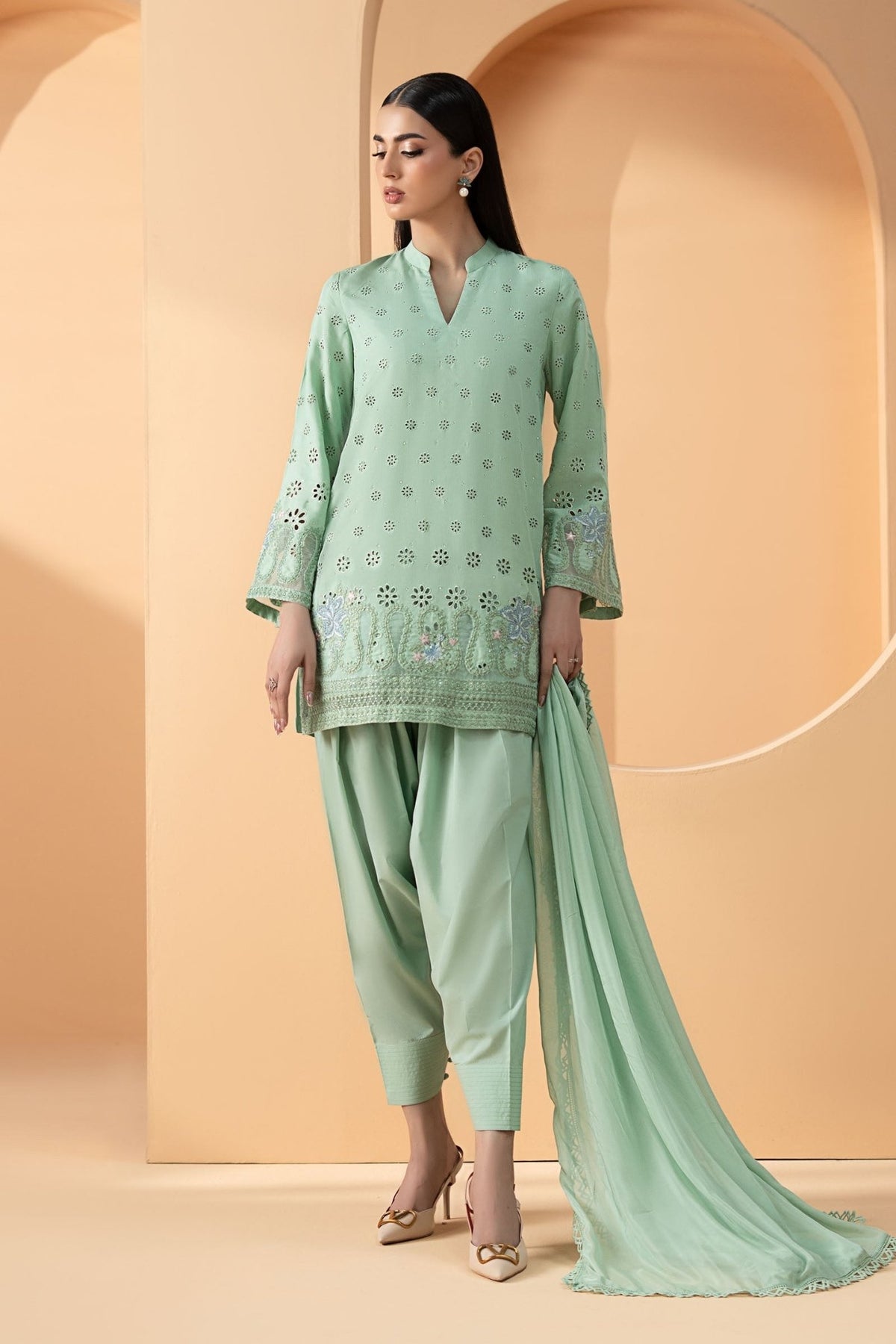 Maria B | RTW | 3 Piece Embroidered Pk Raw Silk Suit-Brand:Maria B-Type:Luxury Pret-Green - House of Maryam- Buy in UK, USA