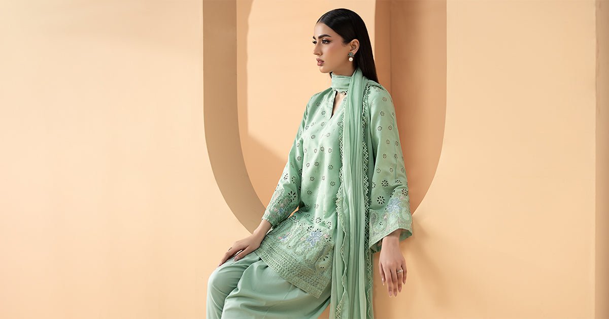 Maria B | RTW | 3 Piece Embroidered Pk Raw Silk Suit-Brand:Maria B-Type:Luxury Pret-Green - House of Maryam- Buy in UK, USA