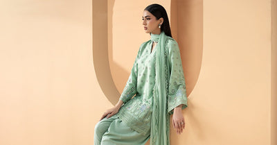 Maria B | RTW | 3 Piece Embroidered Pk Raw Silk Suit-Brand:Maria B-Type:Luxury Pret-Green - House of Maryam- Buy in UK, USA
