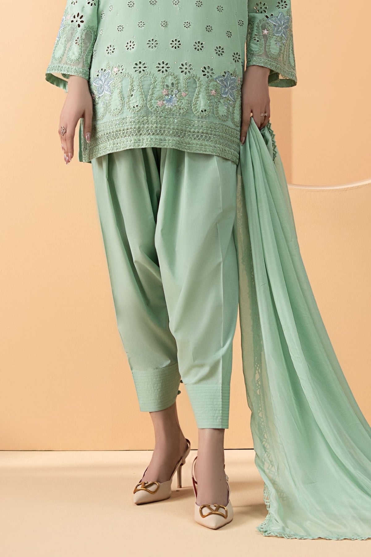 Maria B | RTW | 3 Piece Embroidered Pk Raw Silk Suit-Brand:Maria B-Type:Luxury Pret-Green - House of Maryam- Buy in UK, USA
