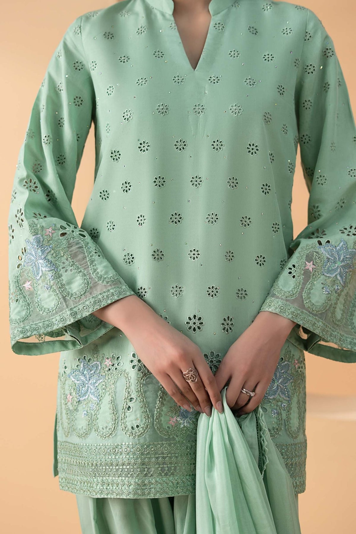 Maria B | RTW | 3 Piece Embroidered Pk Raw Silk Suit-Brand:Maria B-Type:Luxury Pret-Green - House of Maryam- Buy in UK, USA