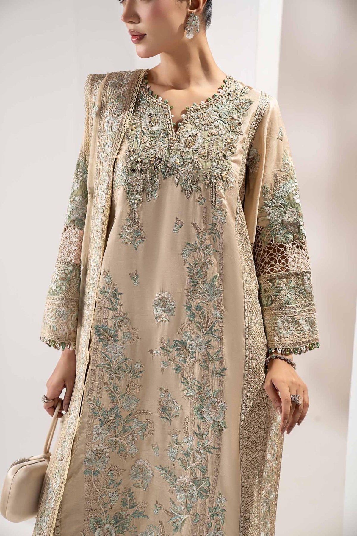 Maria B | RTW | 3 Piece Embroidered Raw Silk Suit-Brand:Maria B-Type:Luxury Formals-Beige - House of Maryam- Buy in UK, USA