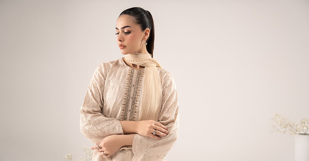 Maria B | RTW | 3 Piece Embroidered Raw Silk Suit-Brand:Maria B-Type:Luxury Pret-Beige - House of Maryam- Buy in UK, USA