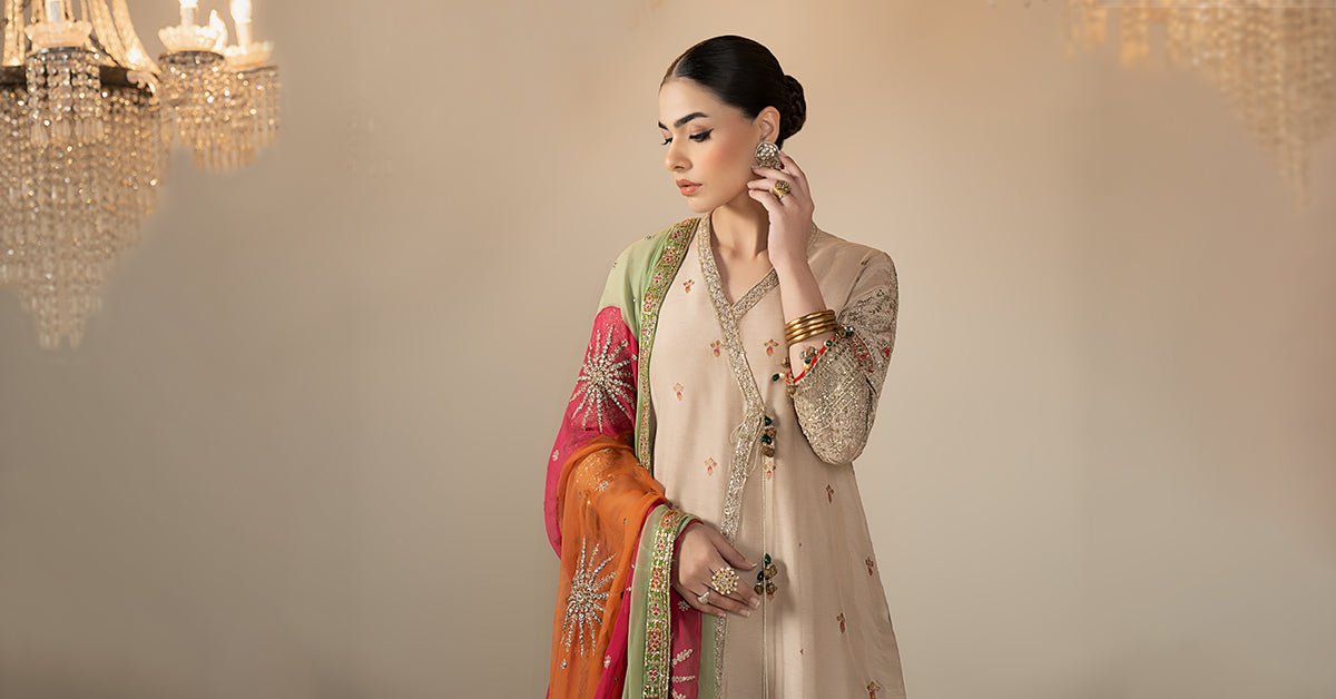 Maria B | RTW | 3 Piece Embroidered Raw Silk Suit-Brand:Maria B-Type:Luxury Formals-Beige - House of Maryam- Buy in UK, USA
