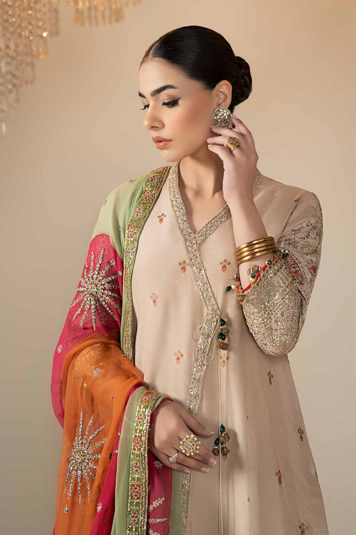 Maria B | RTW | 3 Piece Embroidered Raw Silk Suit-Brand:Maria B-Type:Luxury Formals-Beige - House of Maryam- Buy in UK, USA