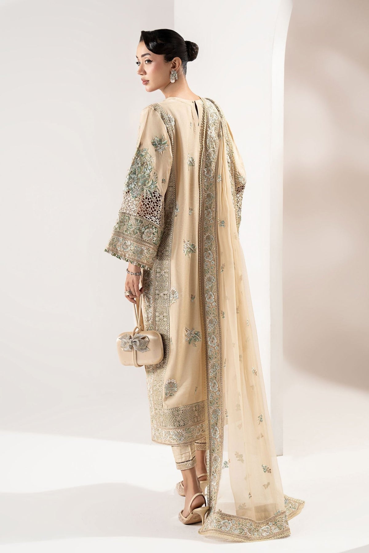 Maria B | RTW | 3 Piece Embroidered Raw Silk Suit-Brand:Maria B-Type:Luxury Formals-Beige - House of Maryam- Buy in UK, USA