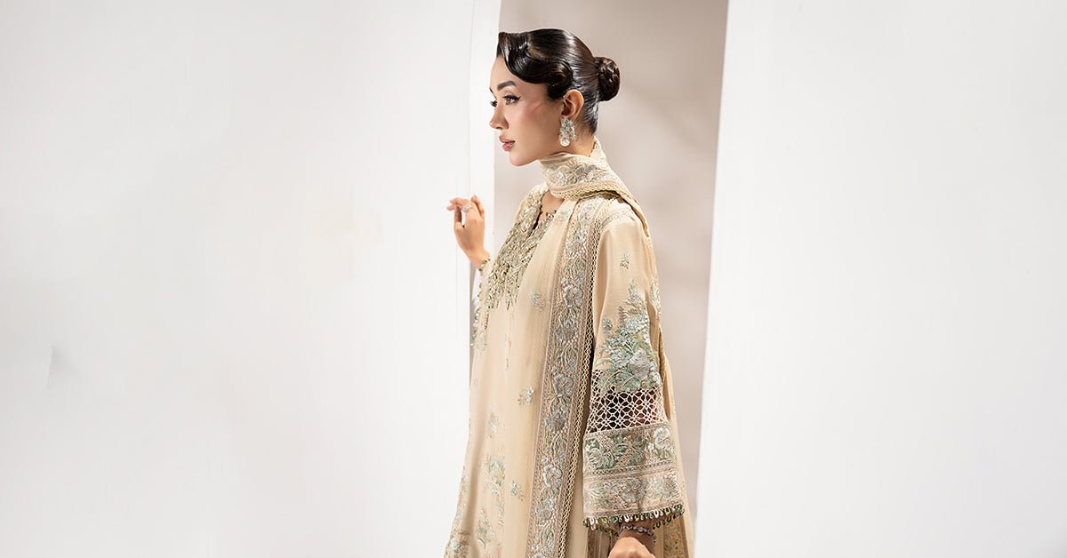Maria B | RTW | 3 Piece Embroidered Raw Silk Suit-Brand:Maria B-Type:Luxury Formals-Beige - House of Maryam- Buy in UK, USA