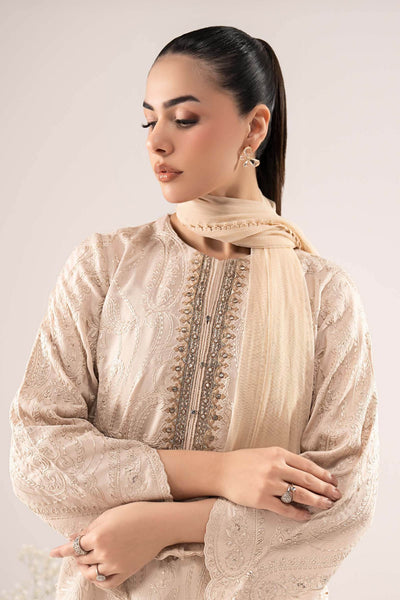 Maria B | RTW | 3 Piece Embroidered Raw Silk Suit-Brand:Maria B-Type:Luxury Pret-Beige - House of Maryam- Buy in UK, USA