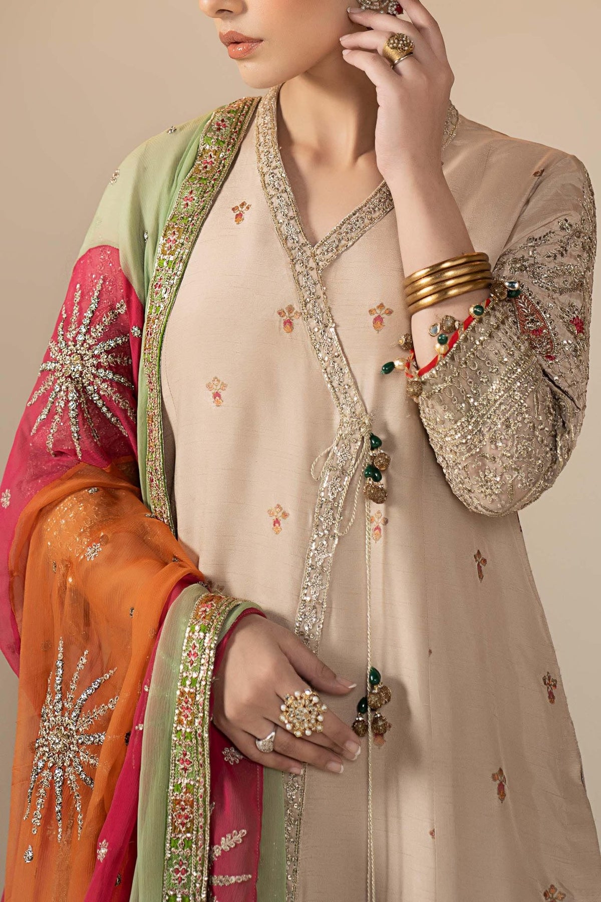 Maria B | RTW | 3 Piece Embroidered Raw Silk Suit-Brand:Maria B-Type:Luxury Formals-Beige - House of Maryam- Buy in UK, USA