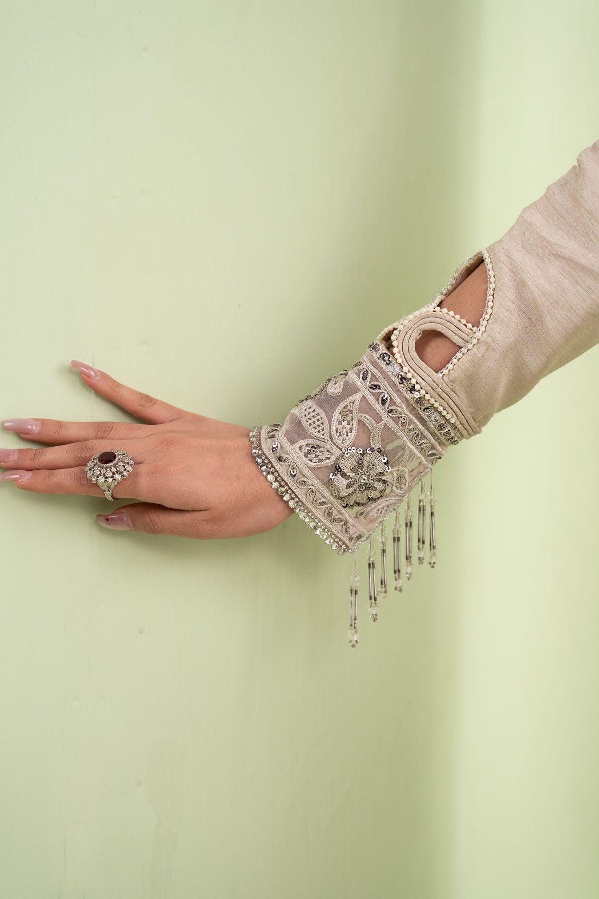 Maria B | RTW | 3 Piece Embroidered Raw Silk Suit-Brand:Maria B-Type:Luxury Formals-Beige - House of Maryam- Buy in UK, USA