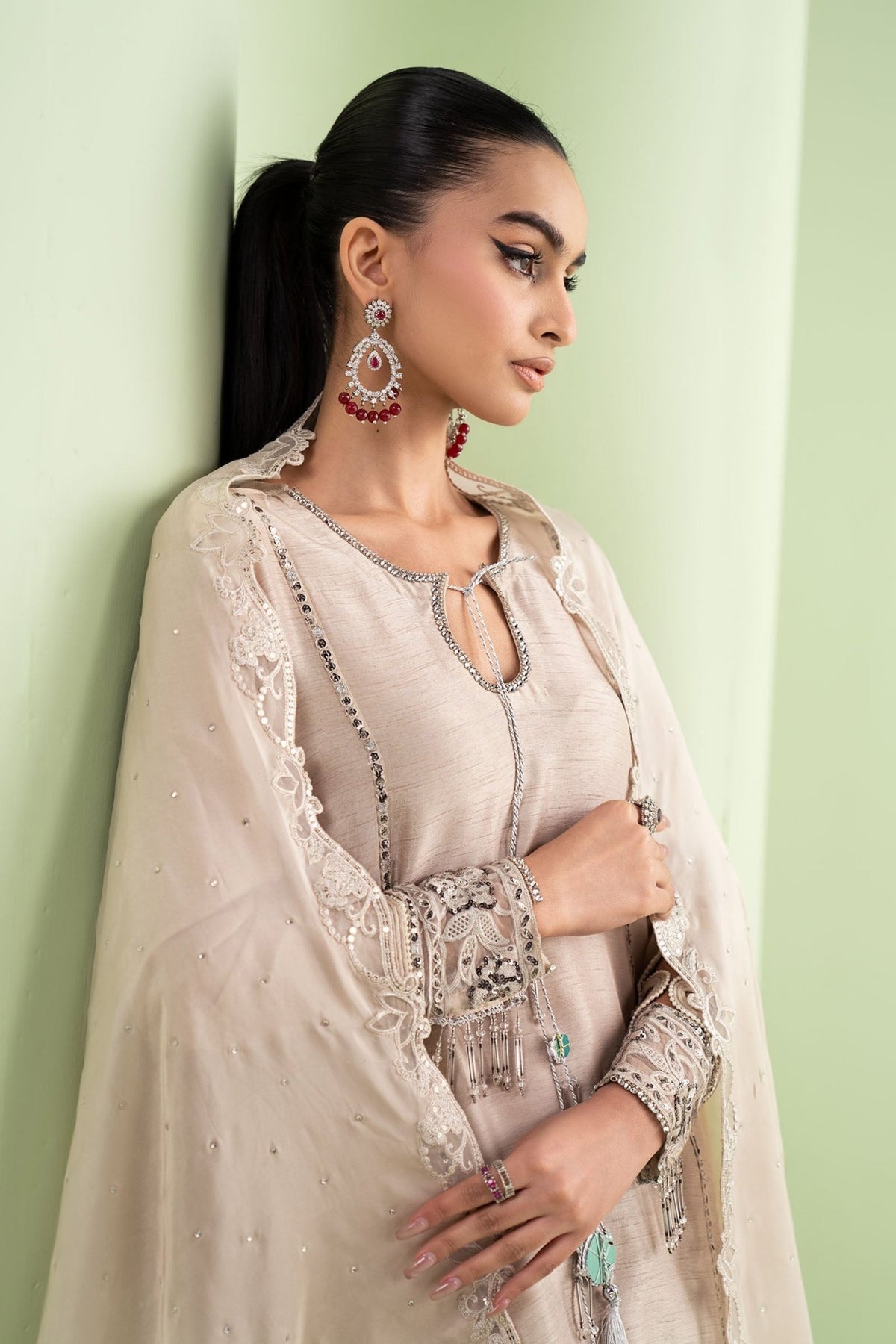 Maria B | RTW | 3 Piece Embroidered Raw Silk Suit-Brand:Maria B-Type:Luxury Formals-Beige - House of Maryam- Buy in UK, USA