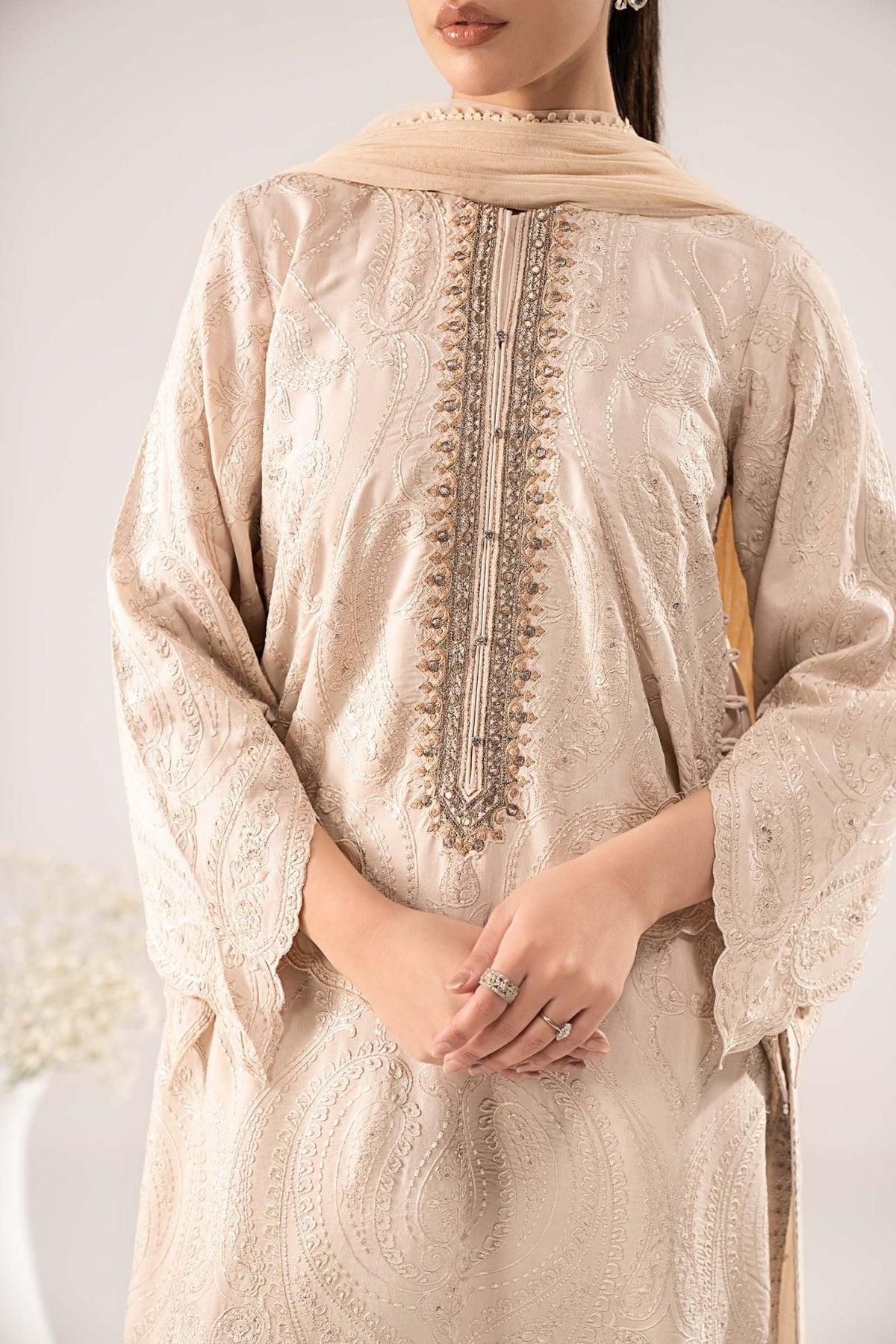 Maria B | RTW | 3 Piece Embroidered Raw Silk Suit-Brand:Maria B-Type:Luxury Pret-Beige - House of Maryam- Buy in UK, USA