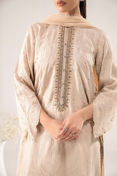 Maria B | RTW | 3 Piece Embroidered Raw Silk Suit-Brand:Maria B-Type:Luxury Pret-Beige - House of Maryam- Buy in UK, USA