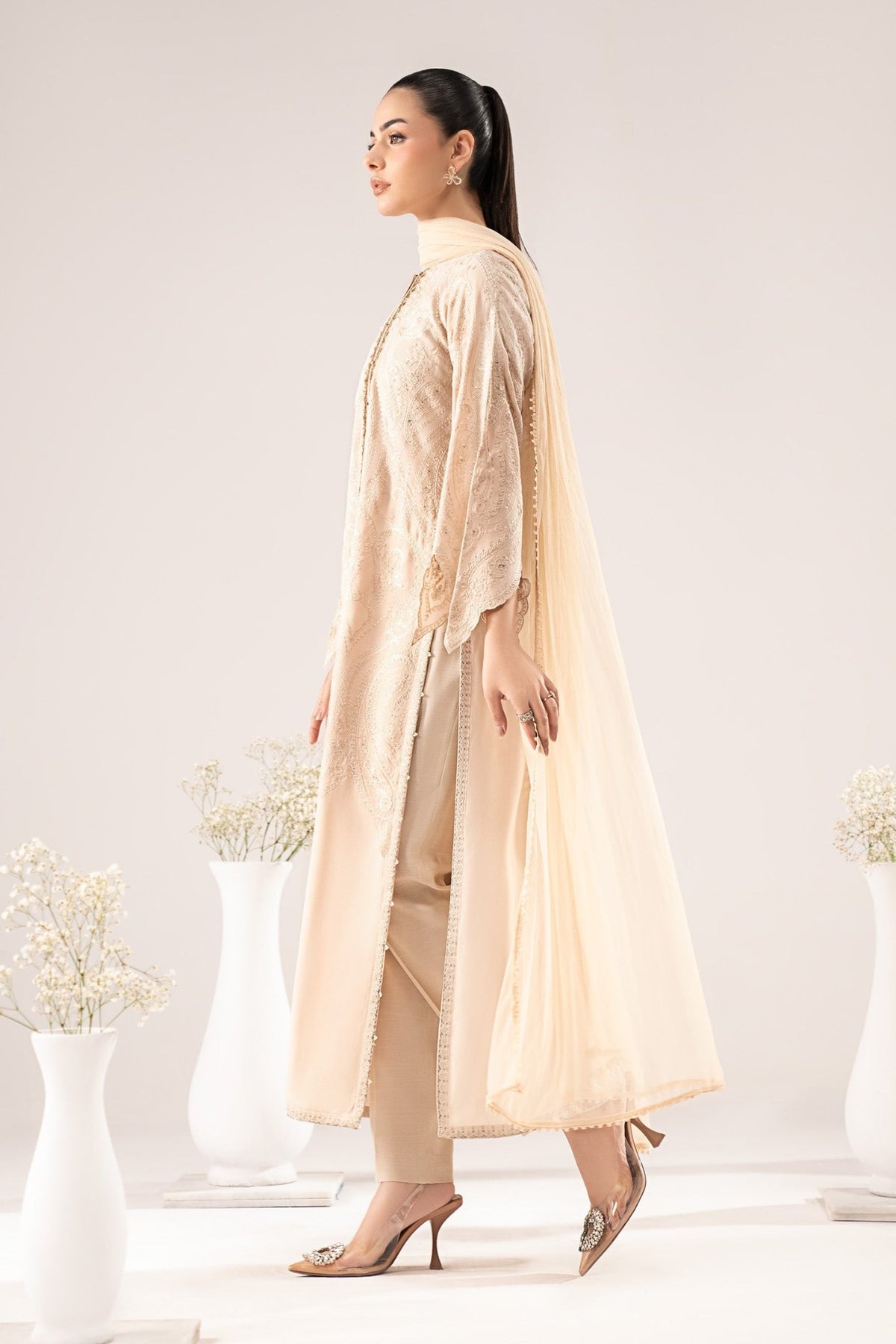Maria B | RTW | 3 Piece Embroidered Raw Silk Suit-Brand:Maria B-Type:Luxury Pret-Beige - House of Maryam- Buy in UK, USA