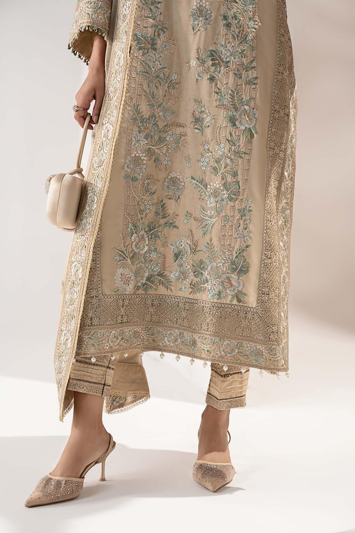 Maria B | RTW | 3 Piece Embroidered Raw Silk Suit-Brand:Maria B-Type:Luxury Formals-Beige - House of Maryam- Buy in UK, USA