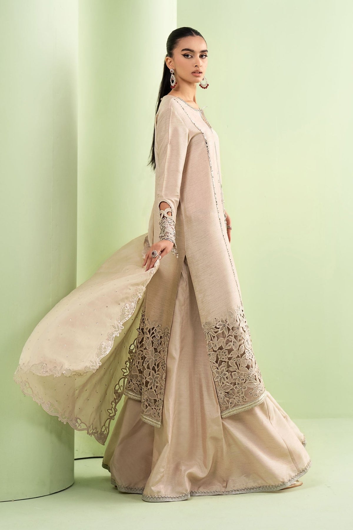 Maria B | RTW | 3 Piece Embroidered Raw Silk Suit-Brand:Maria B-Type:Luxury Formals-Beige - House of Maryam- Buy in UK, USA