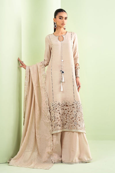 Maria B | RTW | 3 Piece Embroidered Raw Silk Suit-Brand:Maria B-Type:Luxury Formals-Beige - House of Maryam- Buy in UK, USA