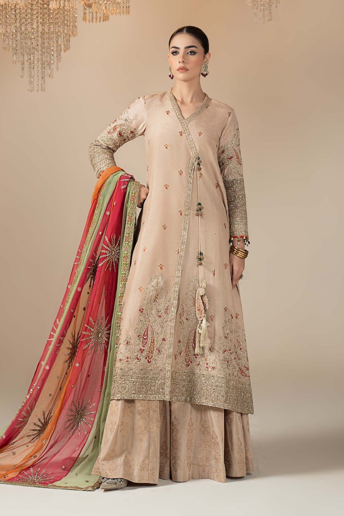 Maria B | RTW | 3 Piece Embroidered Raw Silk Suit-Brand:Maria B-Type:Luxury Formals-Beige - House of Maryam- Buy in UK, USA