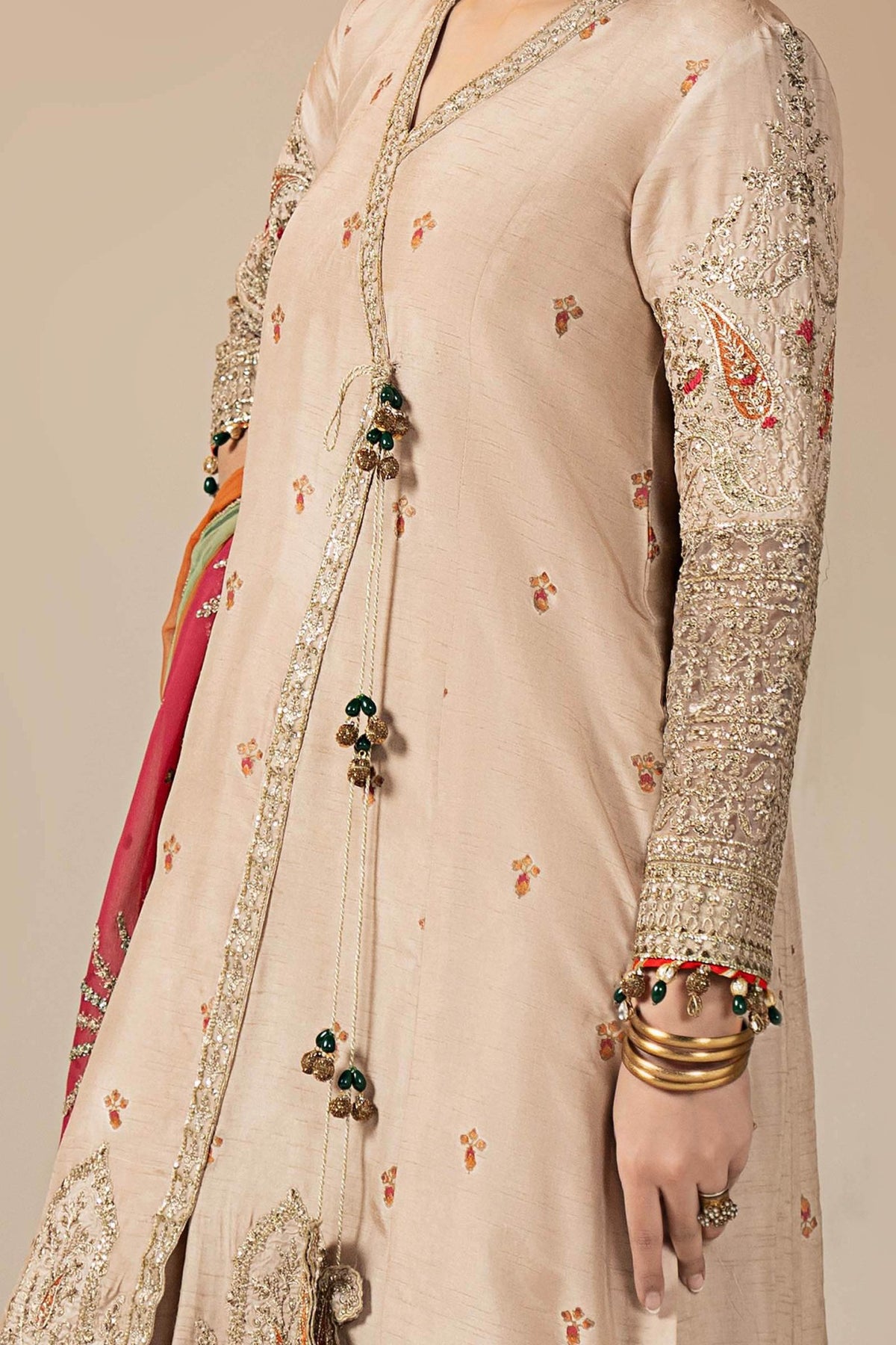 Maria B | RTW | 3 Piece Embroidered Raw Silk Suit-Brand:Maria B-Type:Luxury Formals-Beige - House of Maryam- Buy in UK, USA