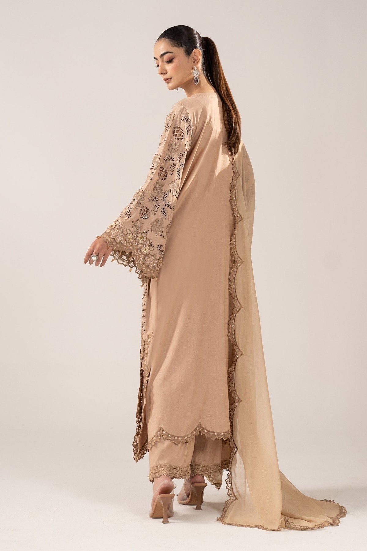 Maria B | RTW | 3 Piece Embroidered Raw Silk Suit-Brand:Maria B-Type:Luxury Formals-Beige - House of Maryam- Buy in UK, USA