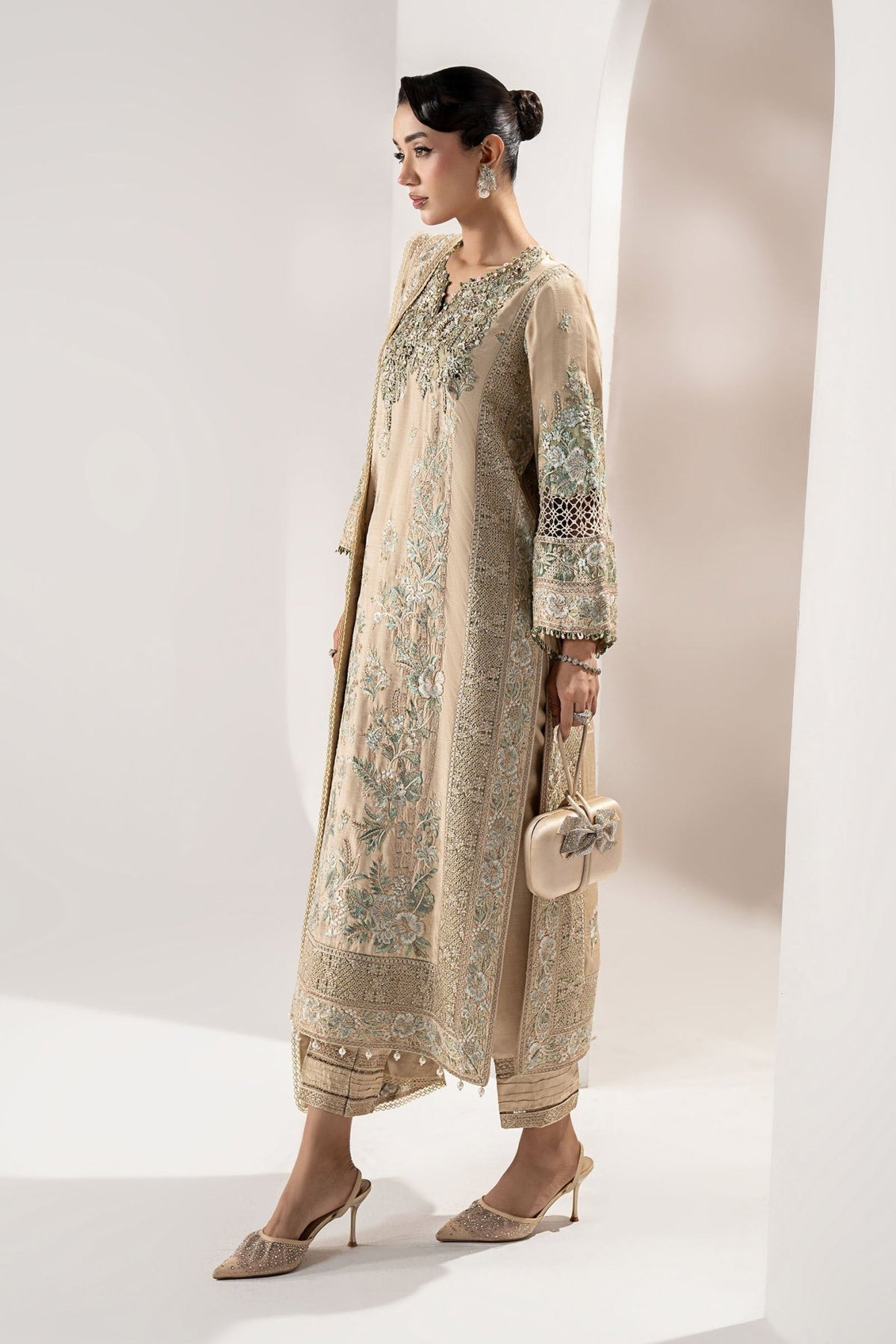 Maria B | RTW | 3 Piece Embroidered Raw Silk Suit-Brand:Maria B-Type:Luxury Formals-Beige - House of Maryam- Buy in UK, USA