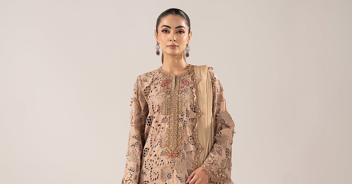 Maria B | RTW | 3 Piece Embroidered Raw Silk Suit-Brand:Maria B-Type:Luxury Formals-Beige - House of Maryam- Buy in UK, USA