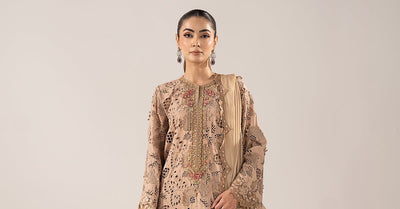 Maria B | RTW | 3 Piece Embroidered Raw Silk Suit-Brand:Maria B-Type:Luxury Formals-Beige - House of Maryam- Buy in UK, USA