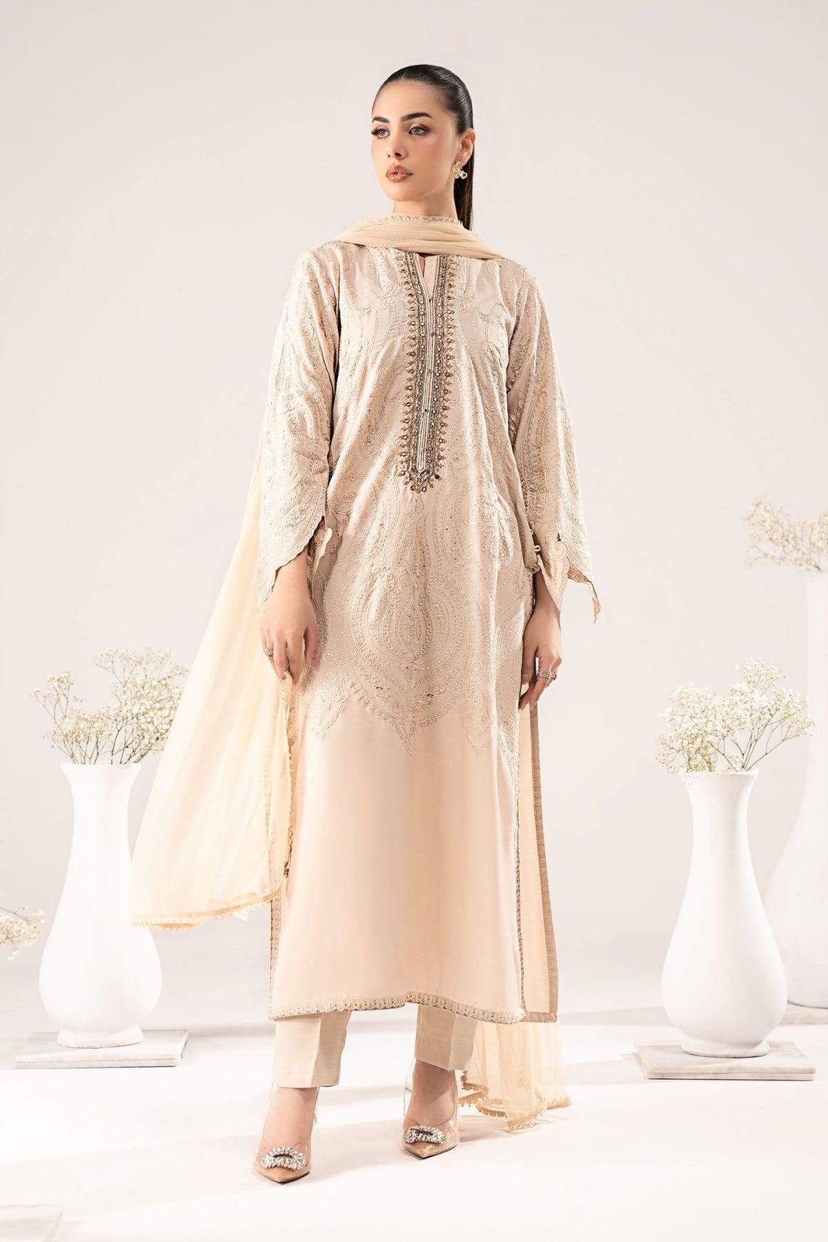 Maria B | RTW | 3 Piece Embroidered Raw Silk Suit-Brand:Maria B-Type:Luxury Pret-Beige - House of Maryam- Buy in UK, USA