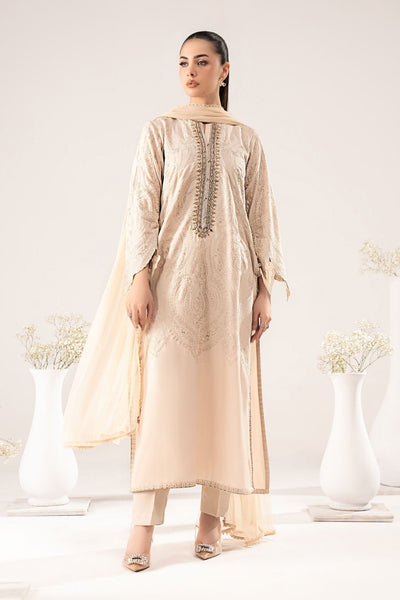 Maria B | RTW | 3 Piece Embroidered Raw Silk Suit-Brand:Maria B-Type:Luxury Pret-Beige - House of Maryam- Buy in UK, USA
