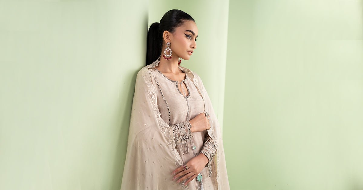 Maria B | RTW | 3 Piece Embroidered Raw Silk Suit-Brand:Maria B-Type:Luxury Formals-Beige - House of Maryam- Buy in UK, USA