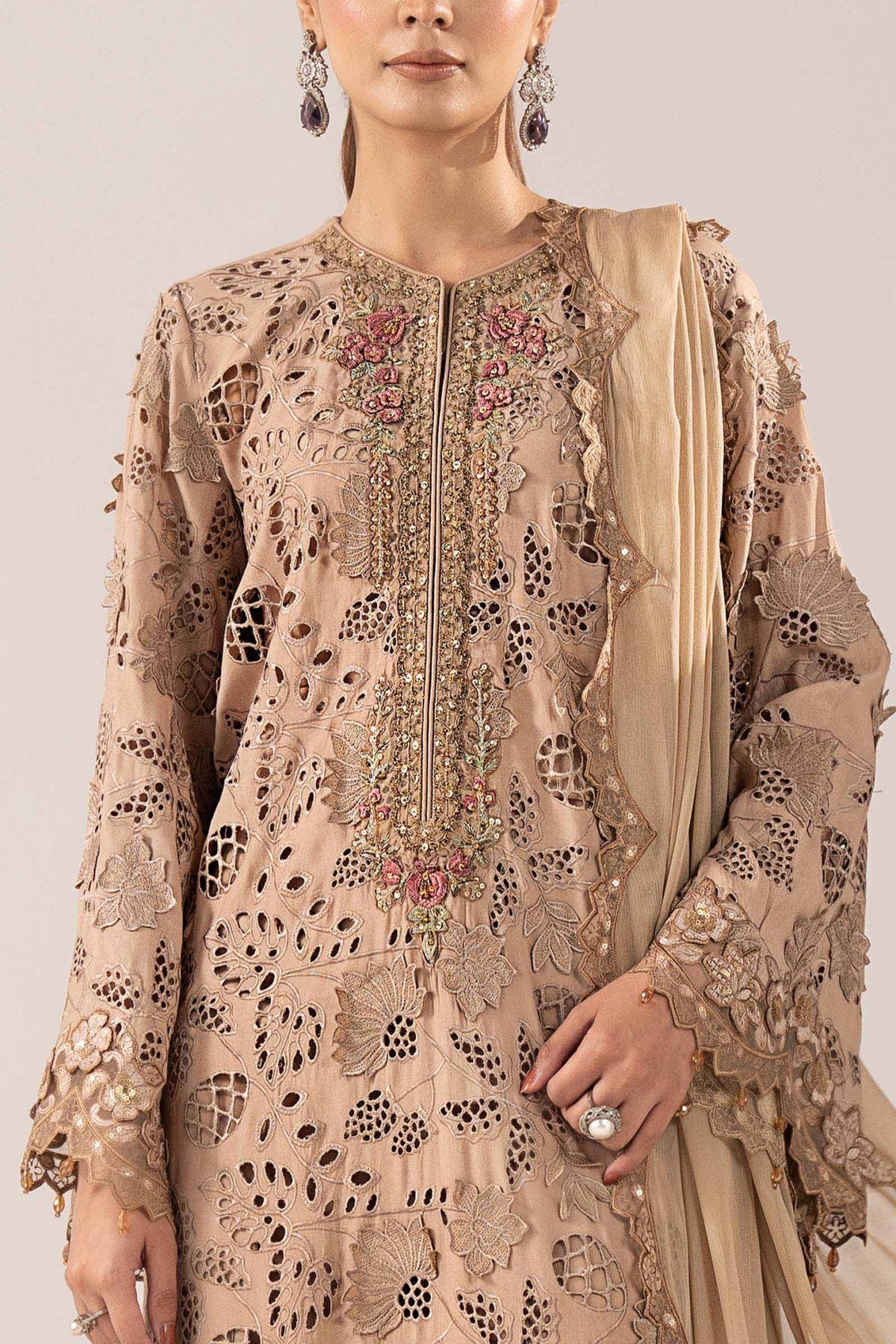 Maria B | RTW | 3 Piece Embroidered Raw Silk Suit-Brand:Maria B-Type:Luxury Formals-Beige - House of Maryam- Buy in UK, USA