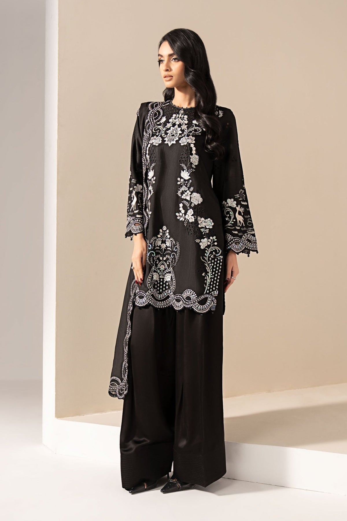 Maria B | RTW | 3 Piece Embroidered Raw Silk Suit-Brand:Maria B-Type:Luxury Formals-Black - House of Maryam- Buy in UK, USA