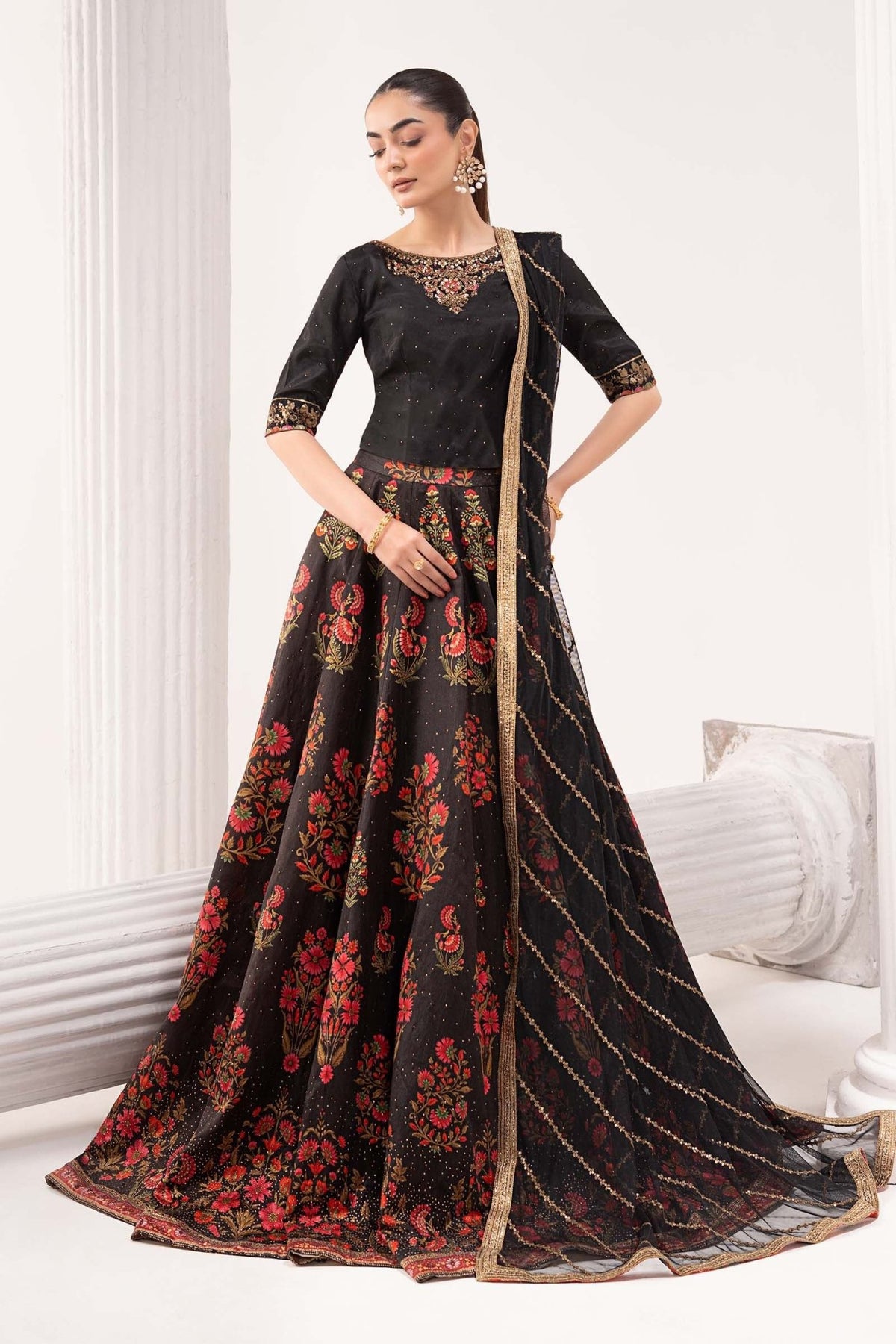 Maria B | RTW | 3 Piece Embroidered Raw Silk Suit-Brand:Maria B-Type:Luxury Formals-Black - House of Maryam- Buy in UK, USA