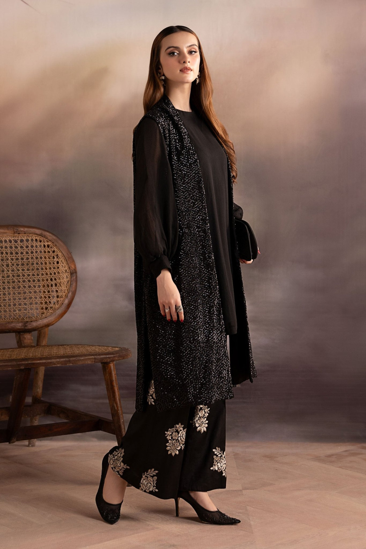 Maria B | RTW | 3 Piece Embroidered Raw Silk Suit-Brand:Maria B-Type:Luxury Formals-Black - House of Maryam- Buy in UK, USA