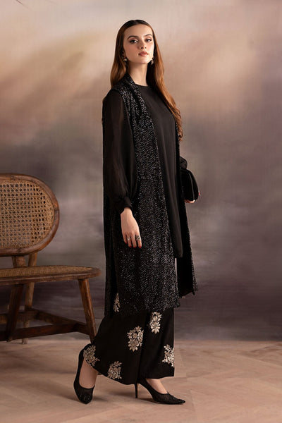 Maria B | RTW | 3 Piece Embroidered Raw Silk Suit-Brand:Maria B-Type:Luxury Formals-Black - House of Maryam- Buy in UK, USA