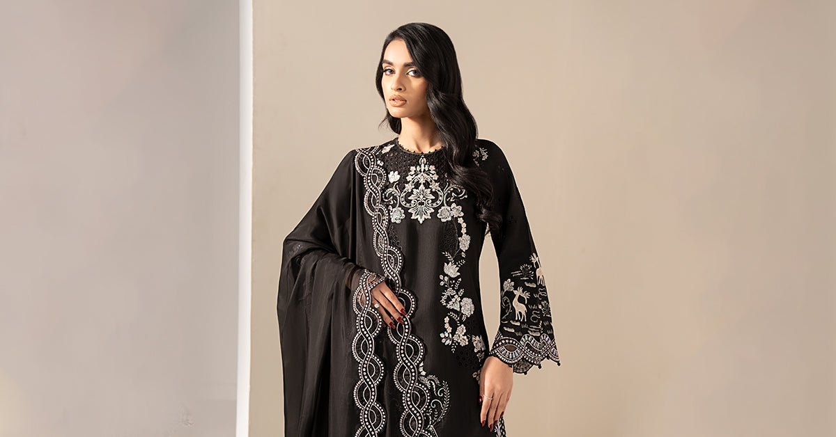 Maria B | RTW | 3 Piece Embroidered Raw Silk Suit-Brand:Maria B-Type:Luxury Formals-Black - House of Maryam- Buy in UK, USA