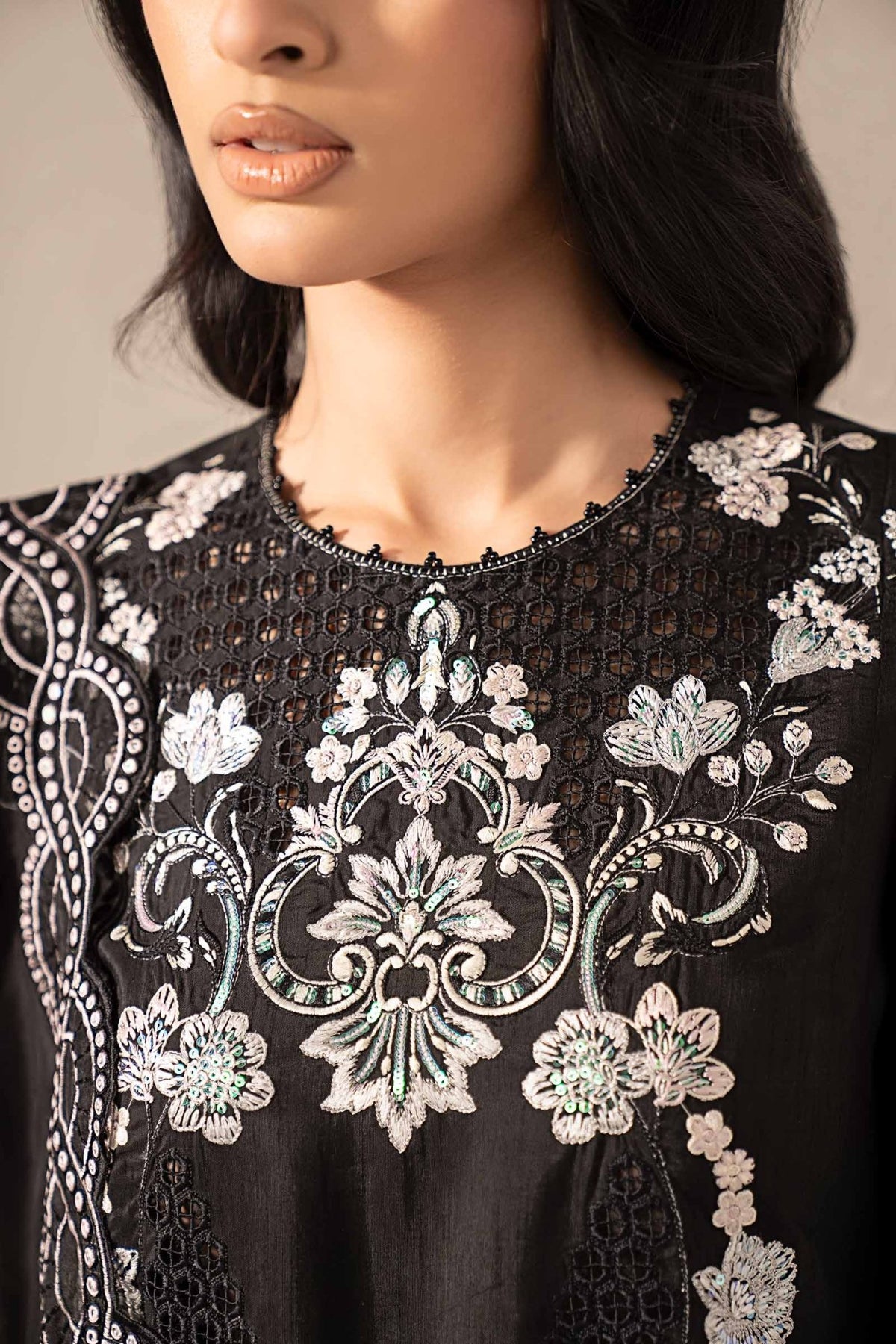 Maria B | RTW | 3 Piece Embroidered Raw Silk Suit-Brand:Maria B-Type:Luxury Formals-Black - House of Maryam- Buy in UK, USA