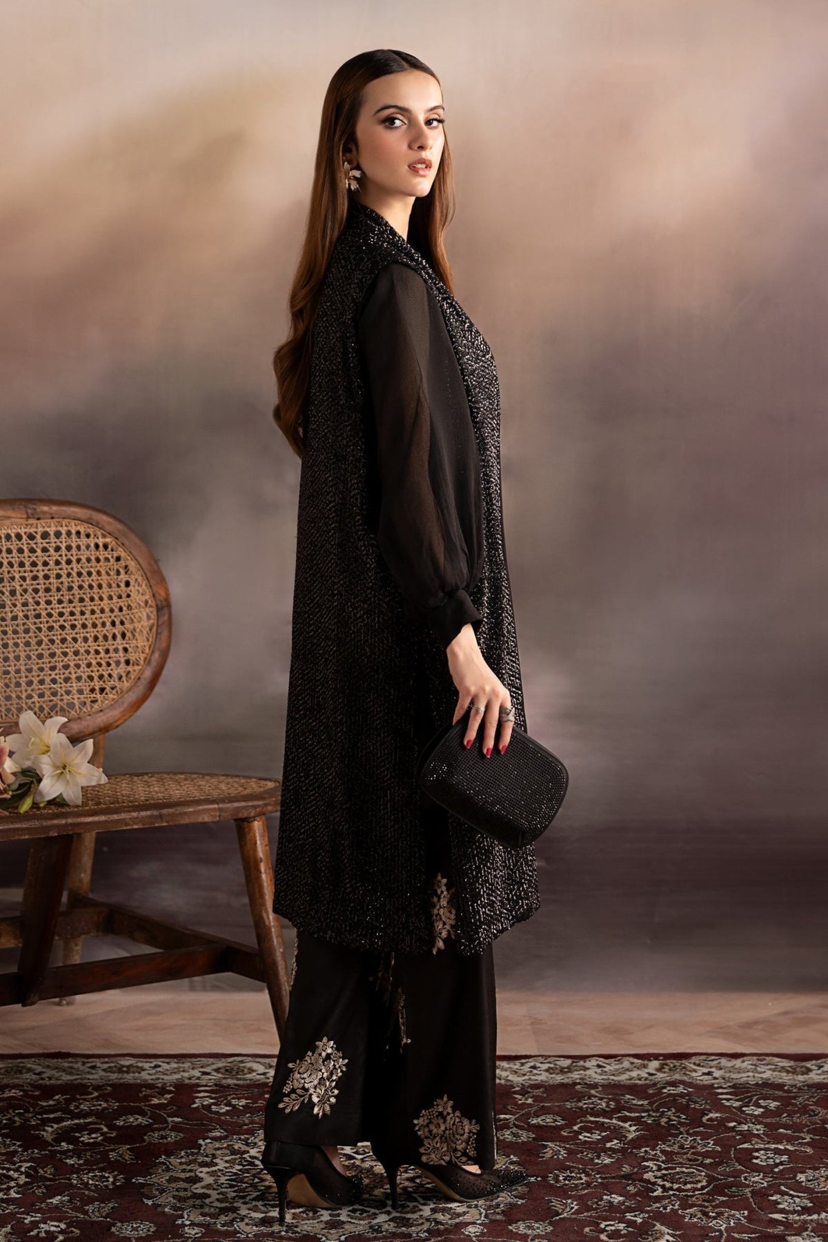 Maria B | RTW | 3 Piece Embroidered Raw Silk Suit-Brand:Maria B-Type:Luxury Formals-Black - House of Maryam- Buy in UK, USA