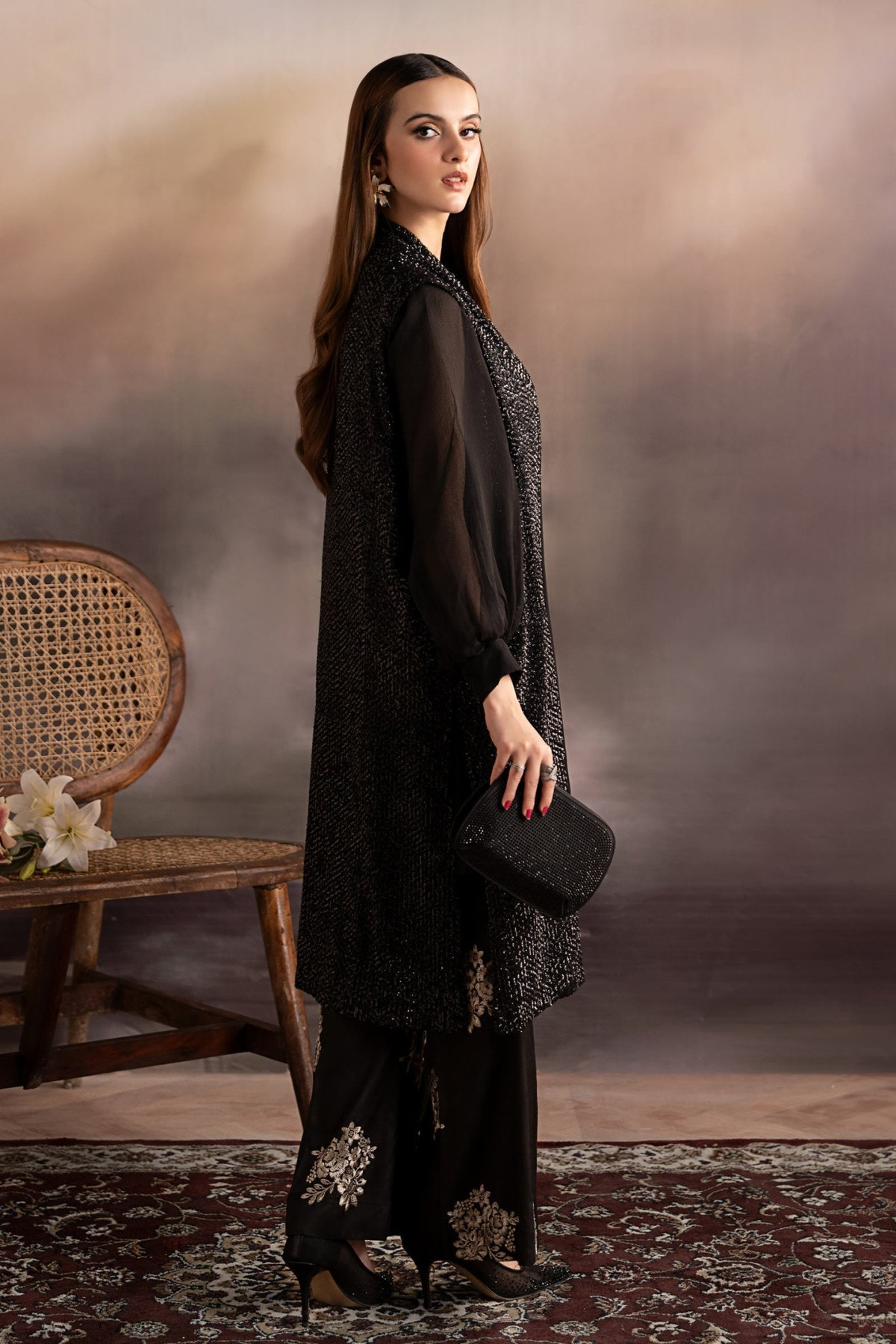 Maria B | RTW | 3 Piece Embroidered Raw Silk Suit-Brand:Maria B-Type:Luxury Formals-Black - House of Maryam- Buy in UK, USA