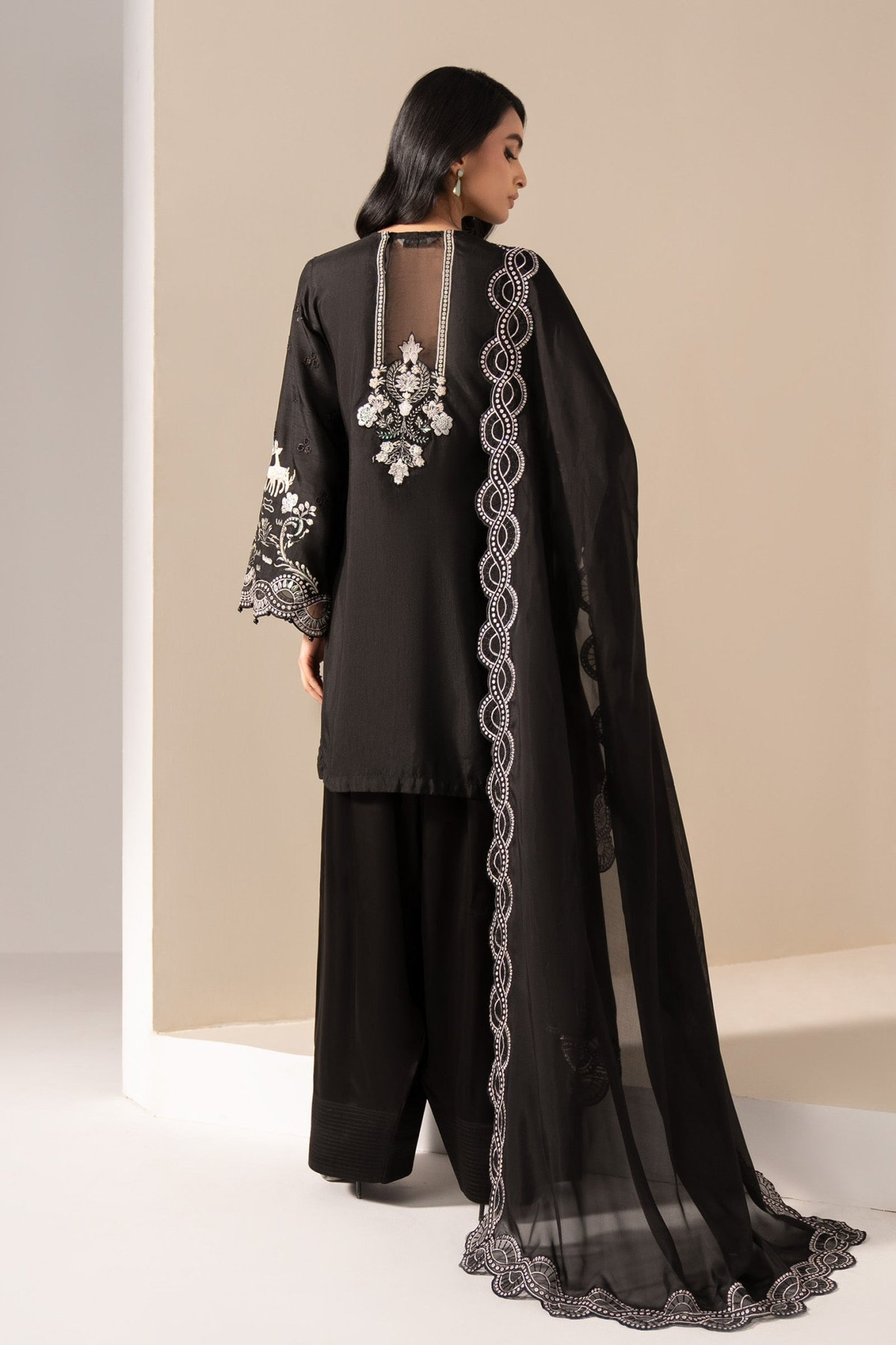 Maria B | RTW | 3 Piece Embroidered Raw Silk Suit-Brand:Maria B-Type:Luxury Formals-Black - House of Maryam- Buy in UK, USA