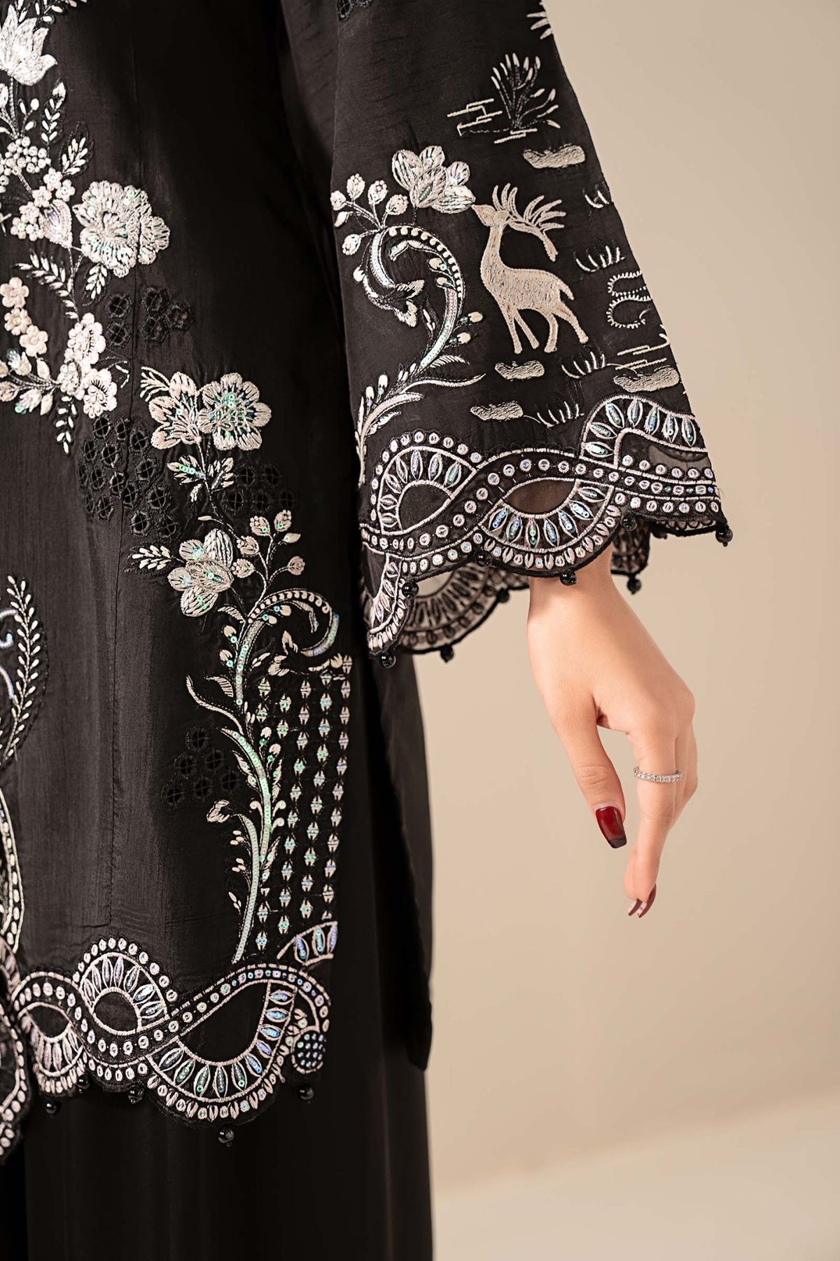 Maria B | RTW | 3 Piece Embroidered Raw Silk Suit-Brand:Maria B-Type:Luxury Formals-Black - House of Maryam- Buy in UK, USA