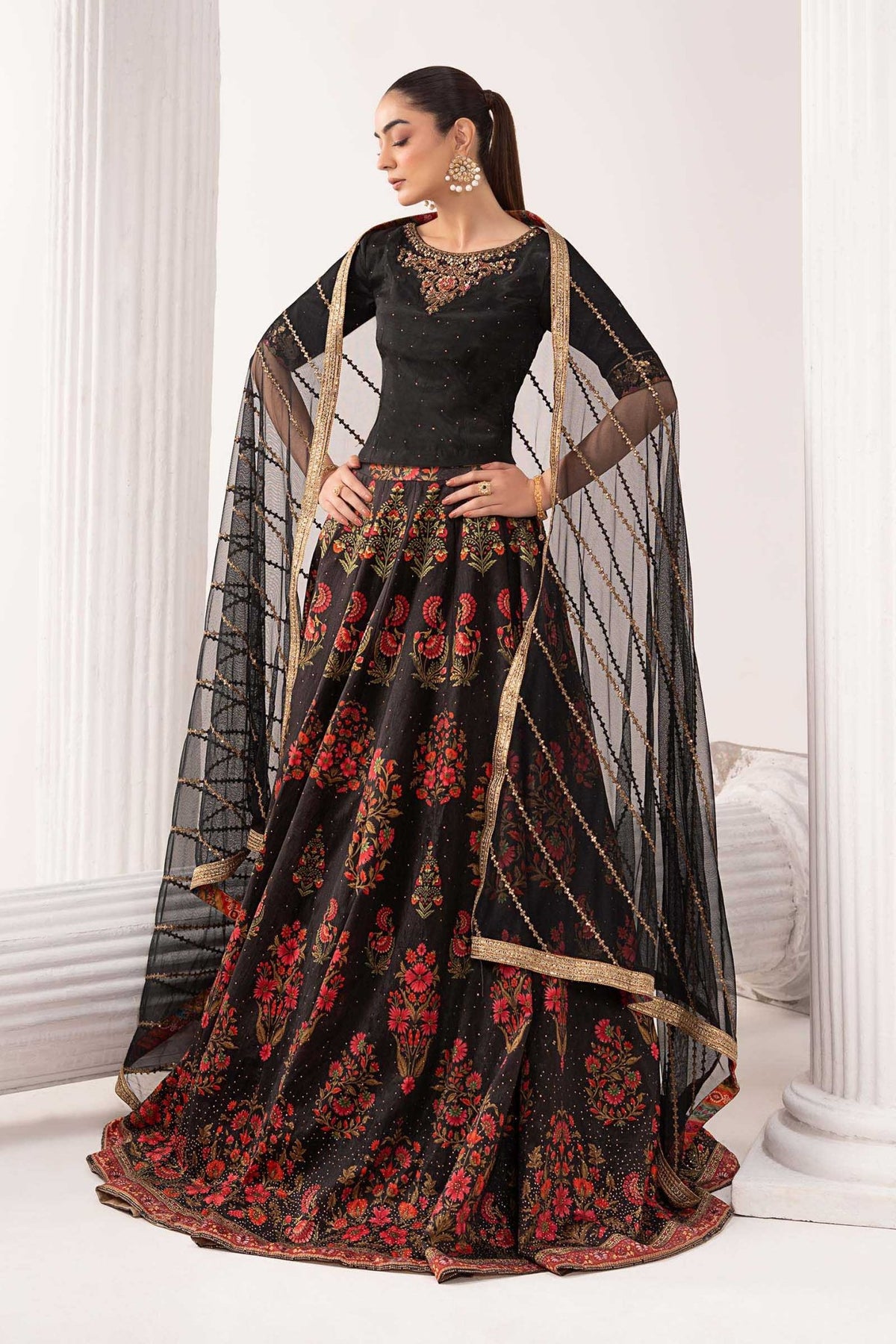 Maria B | RTW | 3 Piece Embroidered Raw Silk Suit-Brand:Maria B-Type:Luxury Formals-Black - House of Maryam- Buy in UK, USA