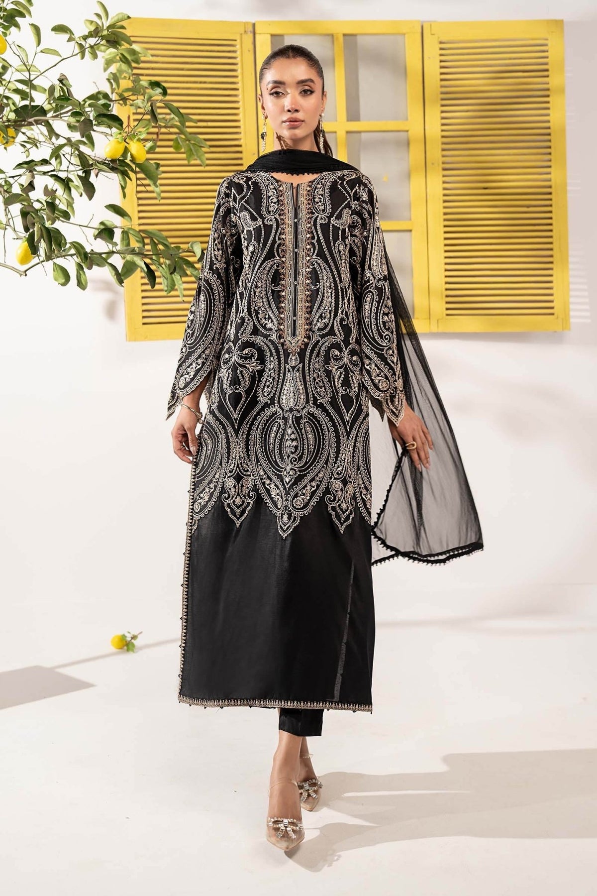 Maria B | RTW | 3 Piece Embroidered Raw Silk Suit-Brand:Maria B-Type:Luxury Pret-Black - House of Maryam- Buy in UK, USA