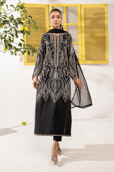 Maria B | RTW | 3 Piece Embroidered Raw Silk Suit-Brand:Maria B-Type:Luxury Pret-Black - House of Maryam- Buy in UK, USA
